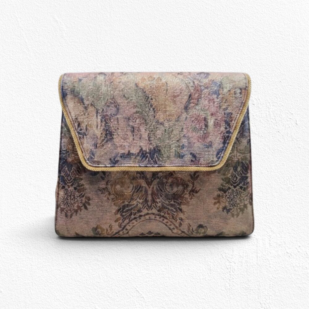 Vintage 80s Metallic Floral Tapestry Envelope Clutch Timothy Hitsman Spain Purse
